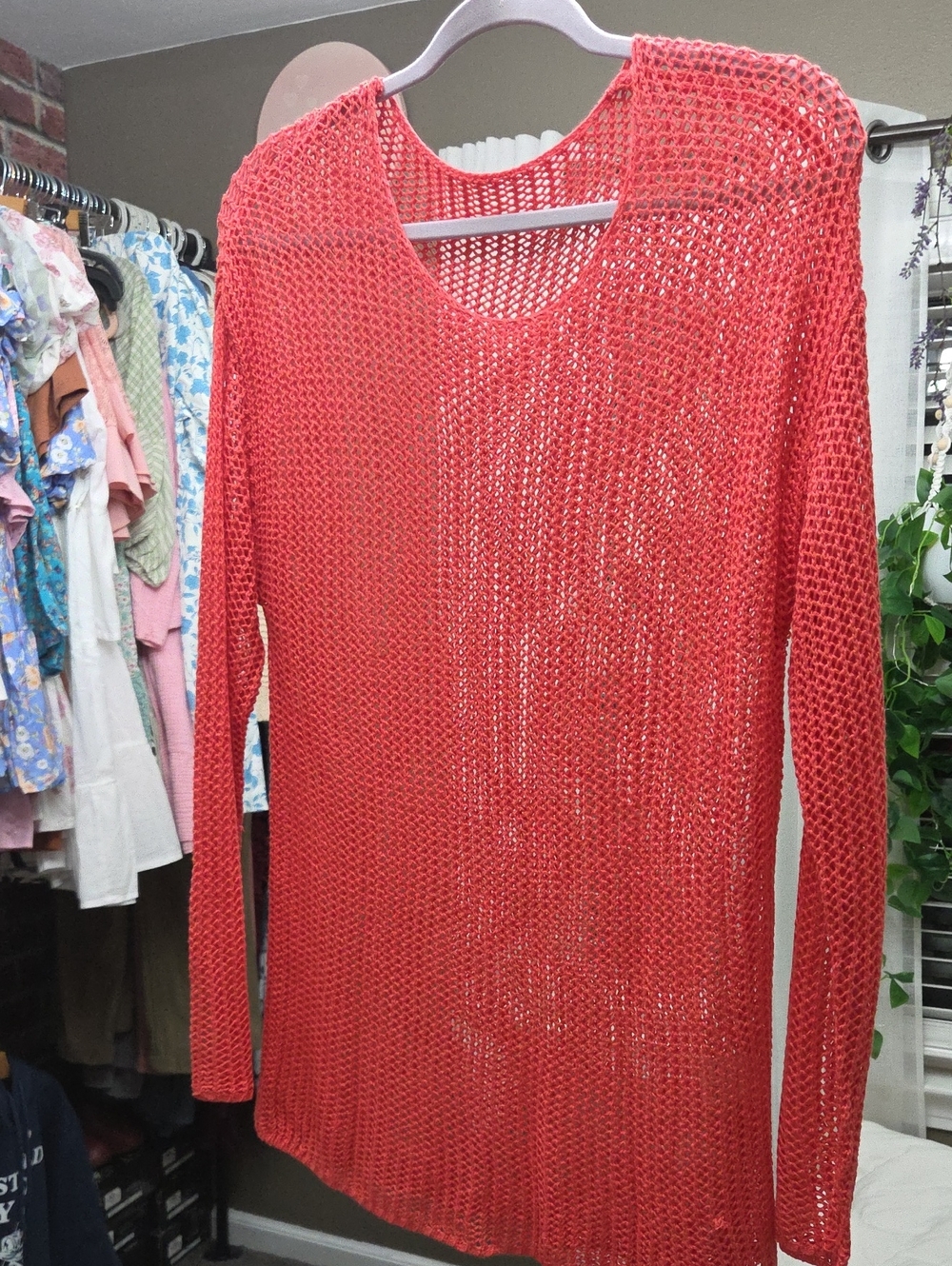 Coral Open-Knit Lightweight Sweater